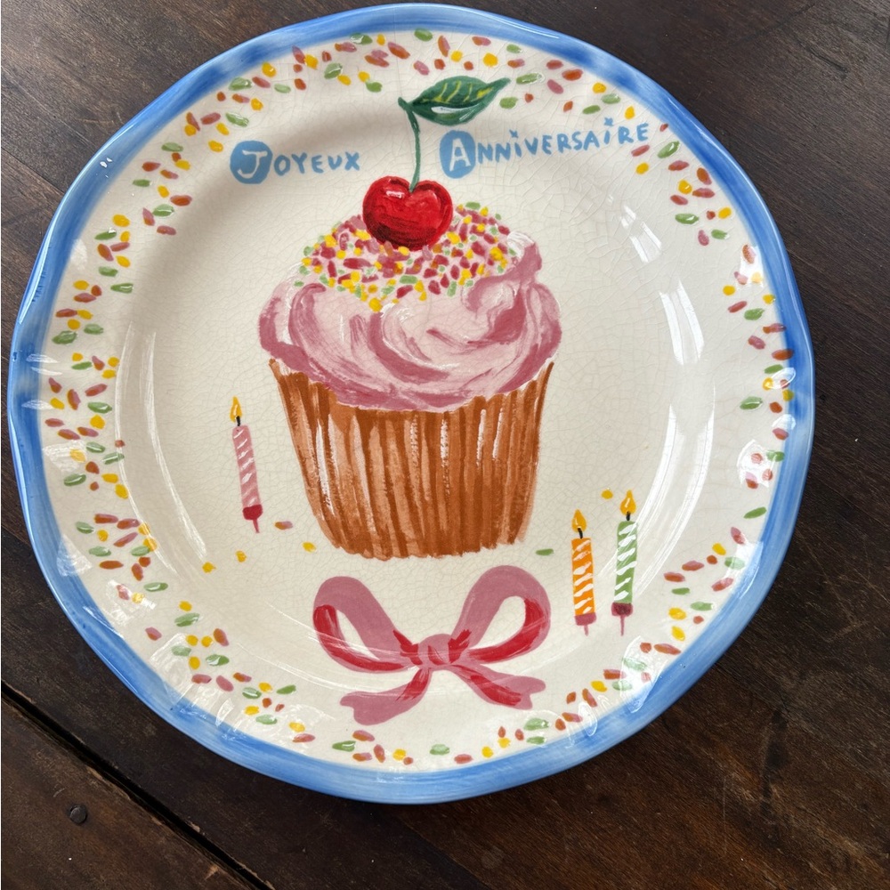 Nathalie Lete Anthropologie Joyeux Anniversaire Plate with Blue and Pink Accents